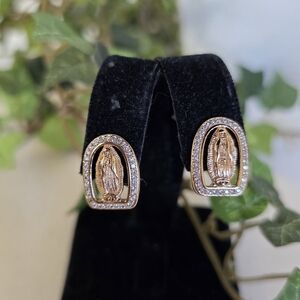 Yellow Gold Religious Icon Small Earrings Pave Crystals